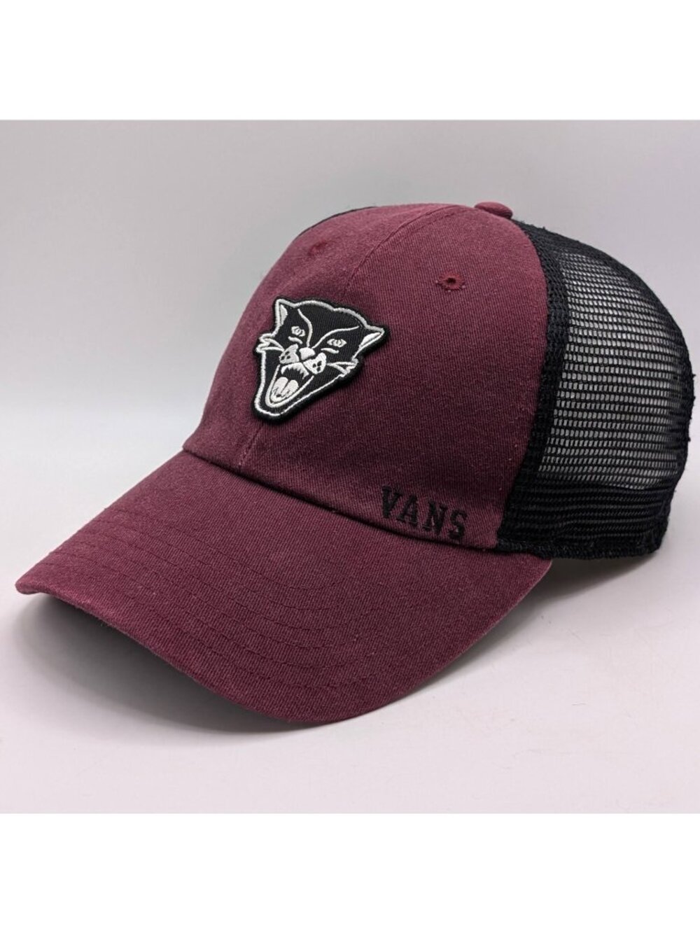 Vans Black Cat Burgundy Maroon Black Mesh Strap Back Hat Cap Skate Retro Panther